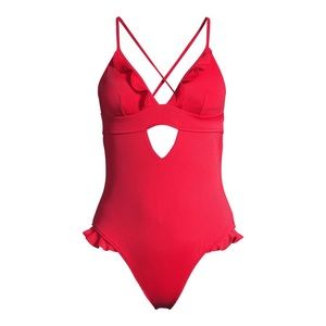 No Boundaries Juniors Red Ribbed One Swimsuit.